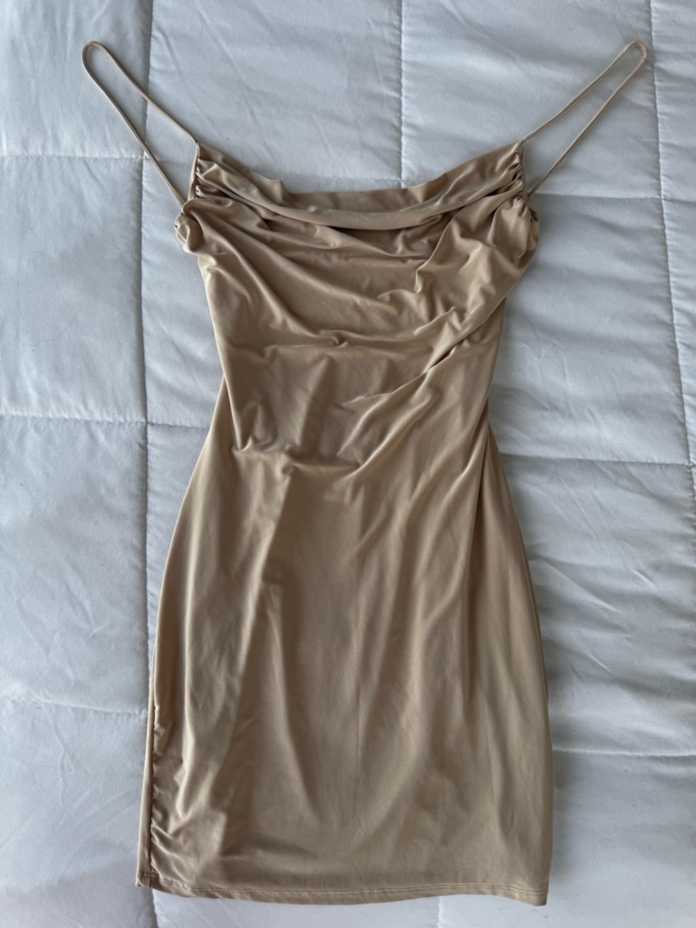 Satin Cowl Neck Slip Dress in Beige